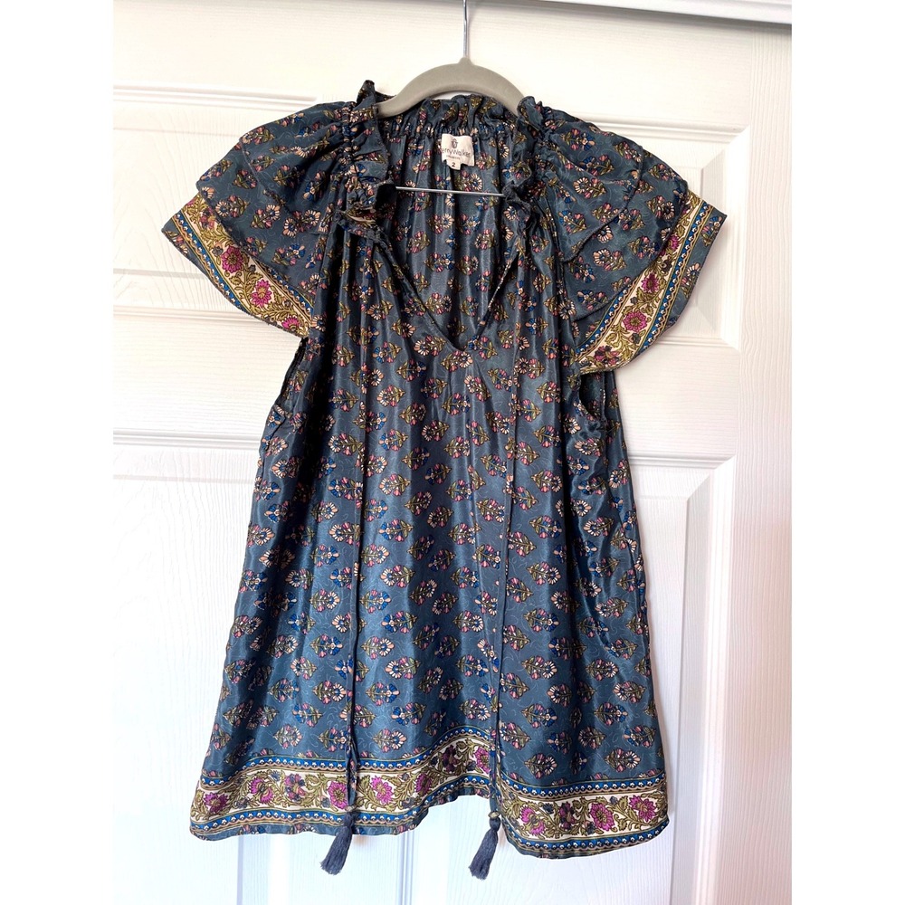 Perry Walker Collective Silk Blend Floral Boho Tassel Blouse Blue Multi Size 2